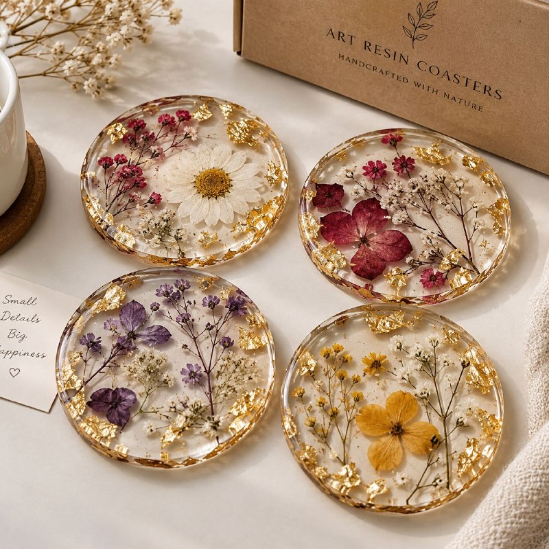 Set of 4 handmade agate resin coasters with gold gilded rims and blush pink marble veins