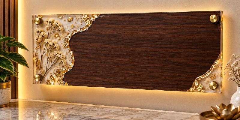Luxury handcrafted resin entrance nameplate with gold 3D acrylic letters and marble background