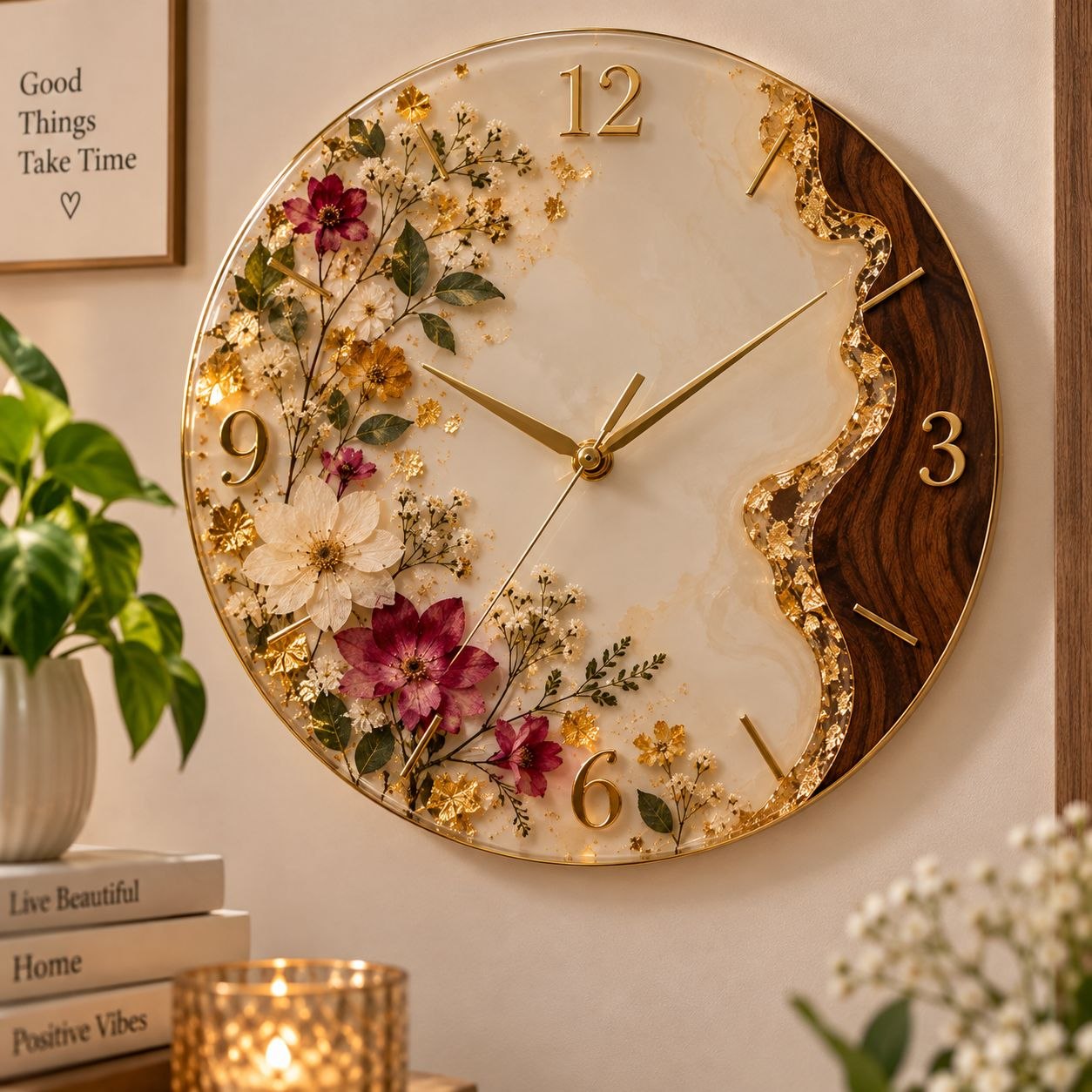 Ocean theme resin wall clock with multi-layered sea froth and gold Roman numerals