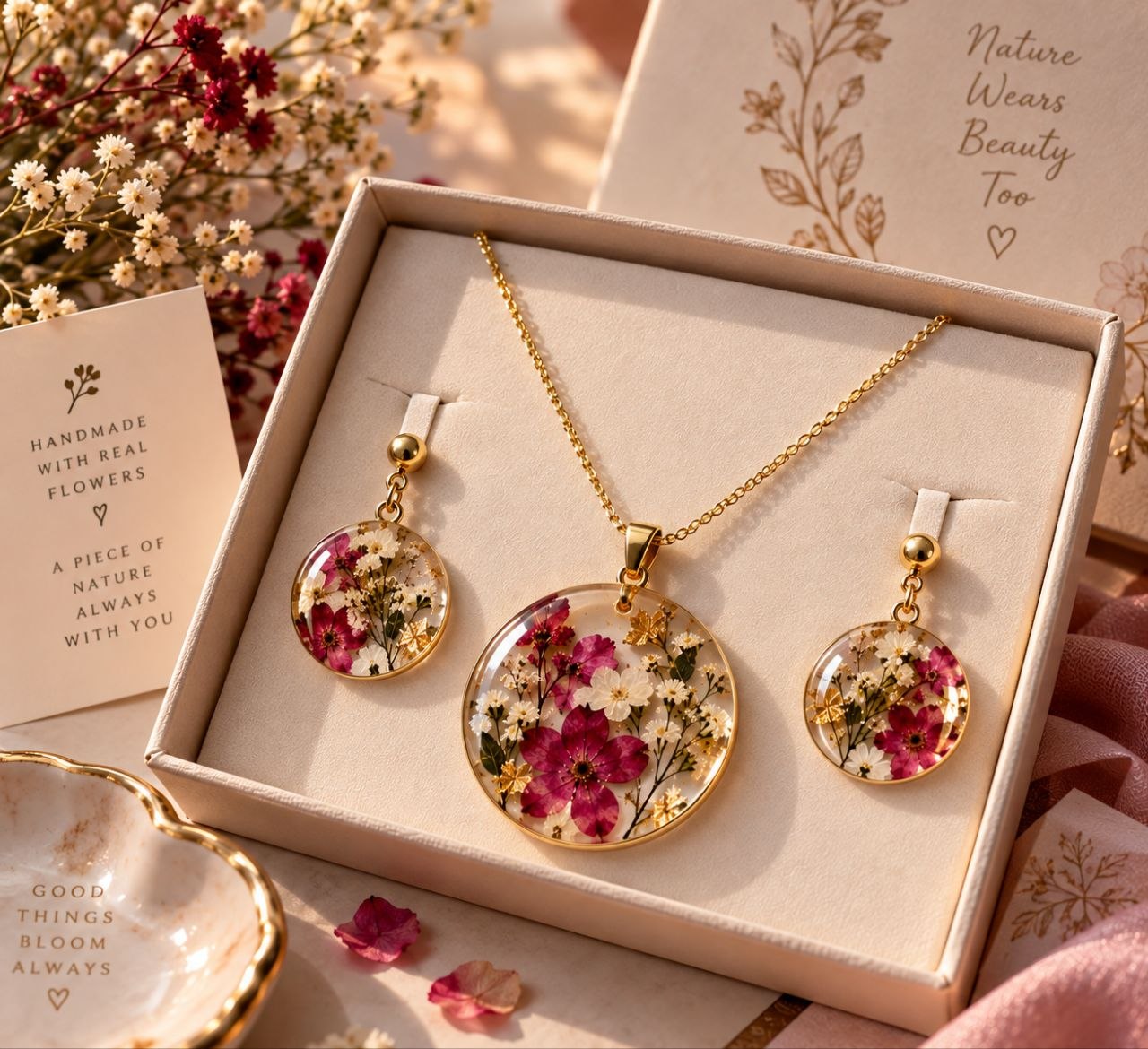 Handcrafted botanical resin pendant necklace with matching dried flower earrings