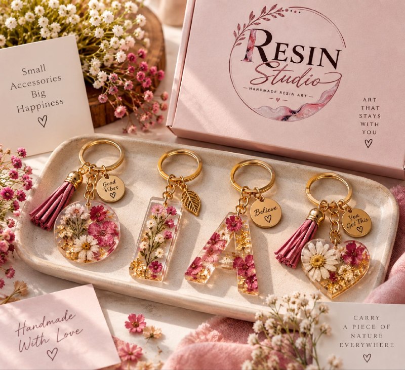 Personalised alphabet resin keychain with dried rose petals and gold leaf flakes